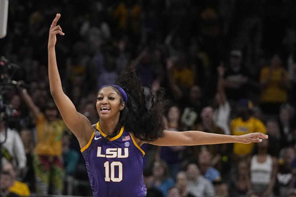 LSU's Angel Reese celebrates during the second half of the NCAA Women's Final Four championship basketball game against Iowa Sunday, April 2, 2023, in Dallas. (AP Photo/Darron Cummings)