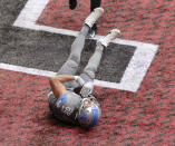 Detroit Lions tight end T.J. Hockenson makes the game-winning touchdown catch to beat the Falcons 23-22 with the extra point as time expires in an NFL football game on Sunday, Oct 25, 2020, in Atlanta. (Curtis Compton/Atlanta Journal-Constitution via AP)