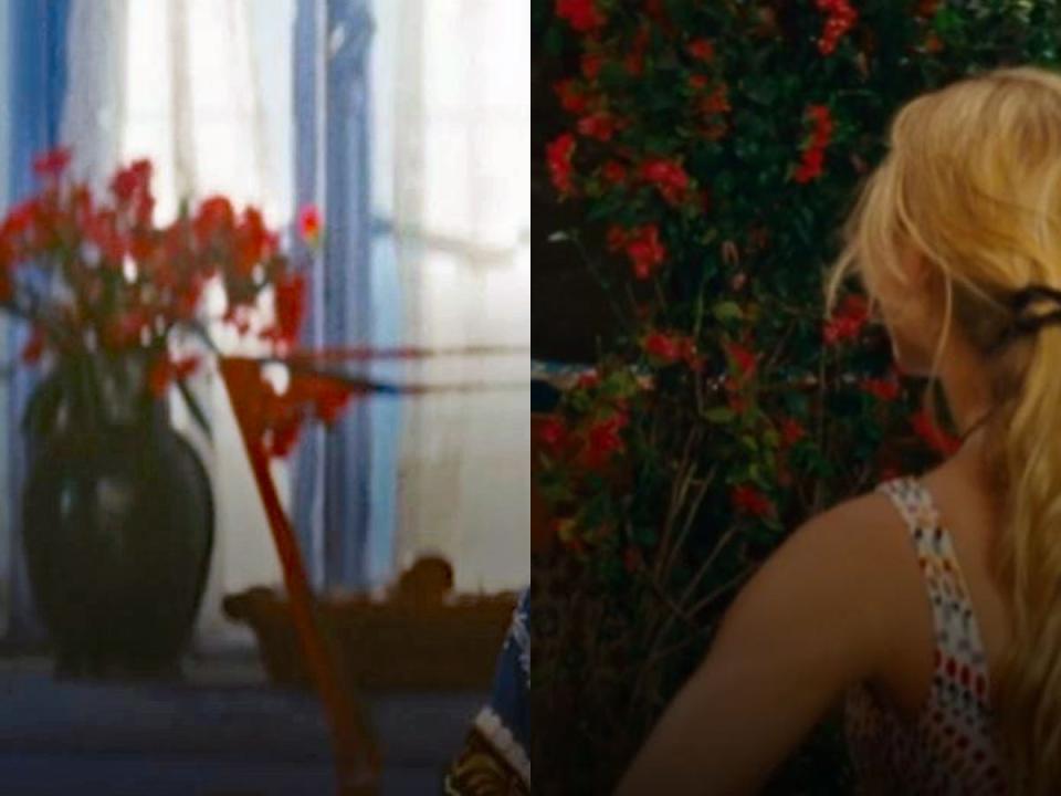 red flowers in sophies room in mamma mia and sophoe standing in front of a bush of red flowers in mamma mia