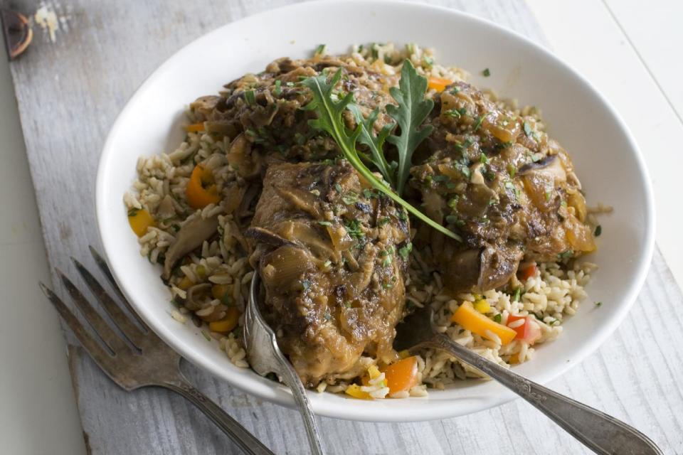 This March 25, 2013 photo taken in Concord, N.H. shows a recipe for miso-smothered chicken over rice. (AP Photo/Matthew Mead)