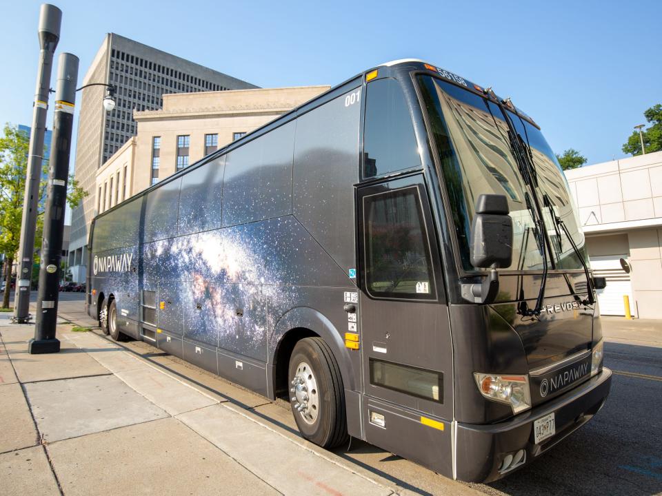 The exterior of the Napaway coach on a bright cloudless day.