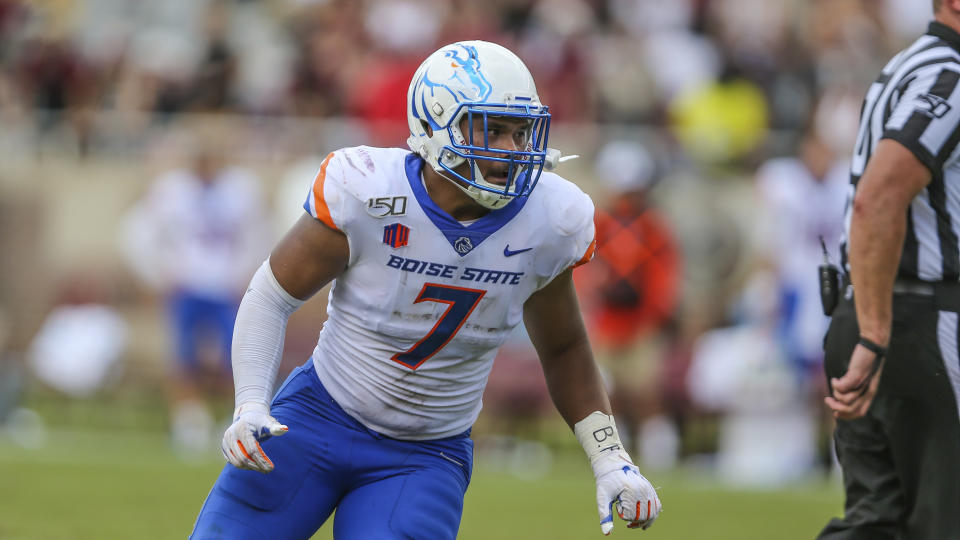 Boise State linebacker Ezekiel Noa (7) during the second half of an NCAA football game against Florida State on Saturday, Aug. 31, 2019 in Tallahassee, Fla. (AP Photo/Gary McCullough)