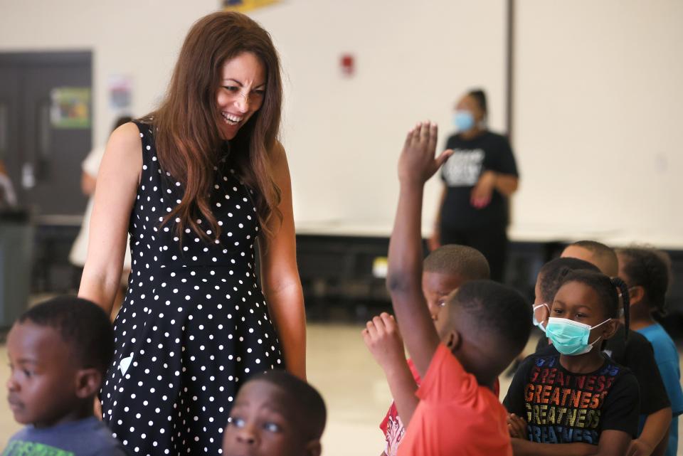 Tennessee Commissioner of Education Penny Schwinn interacts with children at Georgian Hills Achievement Elementary School on Monday, June 13, 2022. 