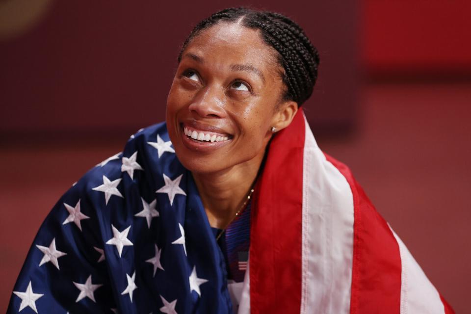 Allyson Felix of Team USA reacts after winning the bronze medal in the Women's 400m Final