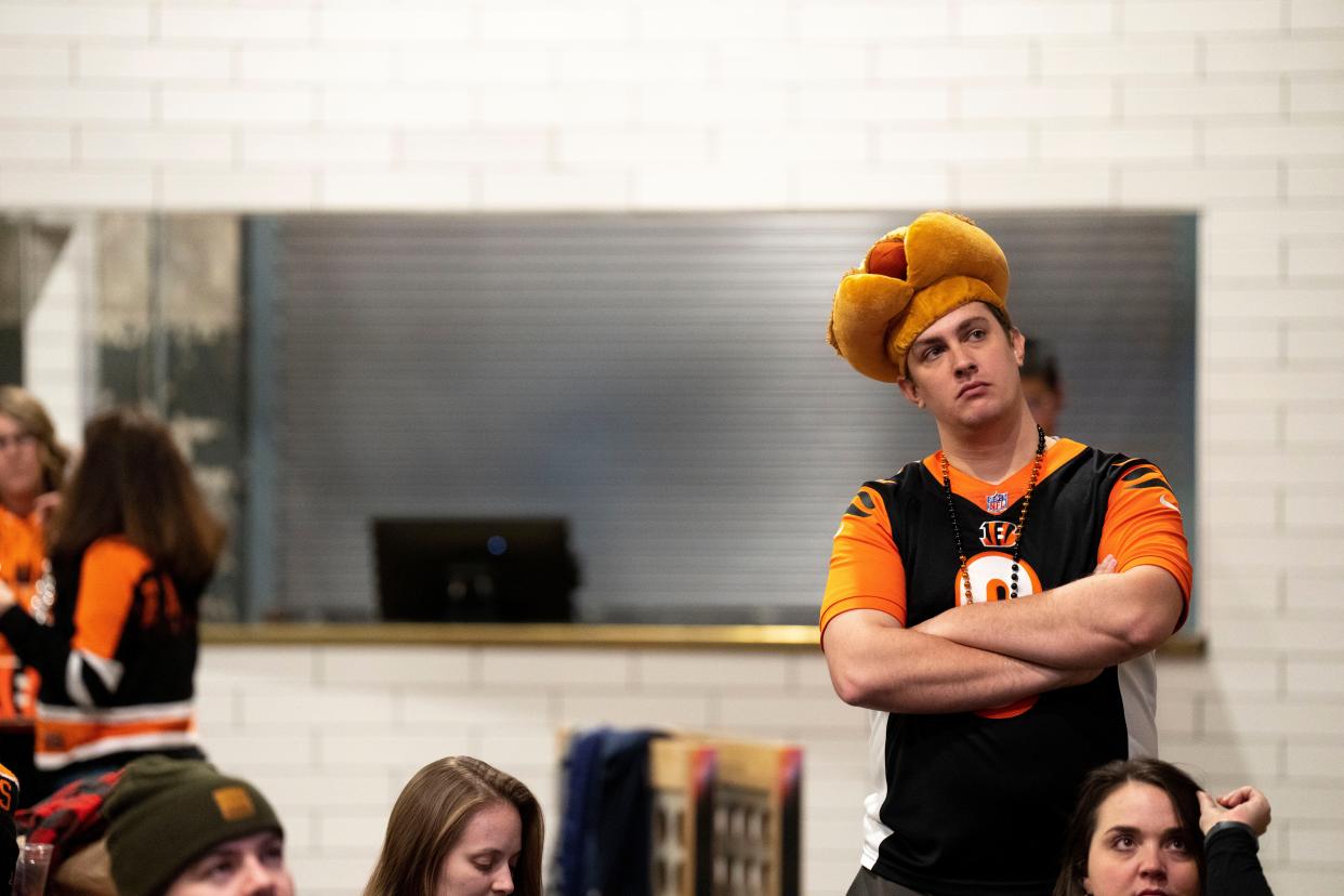 A Bengals fan looks on during a watch party for the AFC Championship game between the Cincinnati Bengals and the Kansas City Chiefs at Rinegeist Brewery in Over-The-Rhine on Sunday, Jan. 29, 2023. 