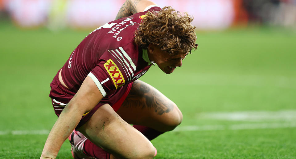 Seen here is a battered Reece Walsh in the State of Origin decider.