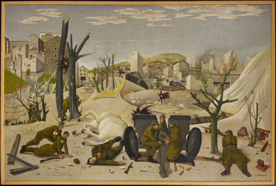 Painting, “La bataille pour la ville” (“The Battle for the City”), 1944. Raymond Daussy (French, 1918–2010) Paris. Oil on canvas. The Mitchell Wolfson, Jr. Collection at Wolfsonian–Florida International University. Photo courtesy of Wolfsonian-FIU