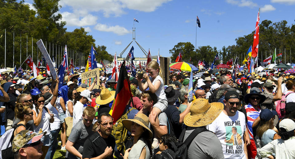 The 'Convoy to Canberra' protestors gathered outside Parliament House on Saturday. Source: AAP