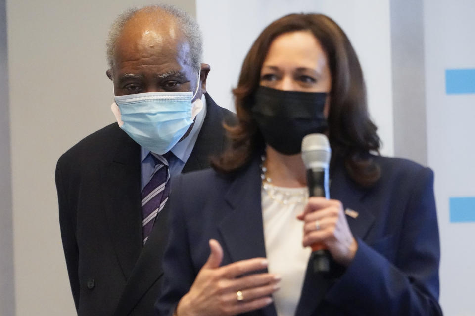 Vice President Kamala Harris speaks during a visit to a COVID-19 vaccination site Tuesday, April 6, 2021, in Chicago, as Rep. Danny Davis, D-Ill., listens. The site is a partnership between the City of Chicago and the Chicago Federation of Labor. (AP Photo/Jacquelyn Martin)
