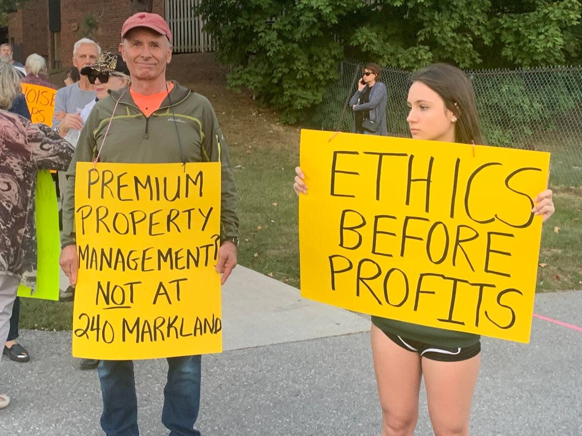 Tenants at 240 Markland Dr. in Etobicoke staged a protest against their landlord's proposed rent increase Wednesday.  (Courtesy of Mike Reid  - image credit)