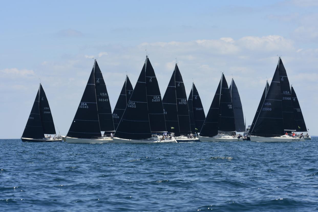 Sailboats line up at the starting line during the start of the Bayview Mackinac Race on Lake Huron in Port Huron on Saturday, July 16, 2022.