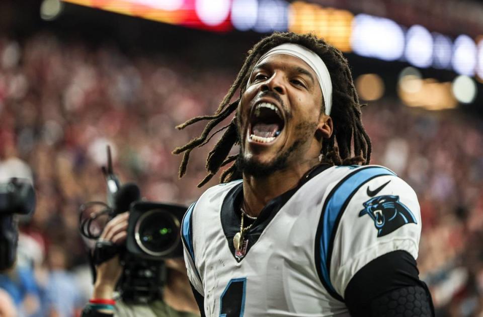 “I’m Baaaack!” Carolina Panthers Cam Newton screams after he scored a touchdown against the Arizona Cardinals at the State Farm Stadium in Glendale AZ, on Sunday, November 14, 2021.