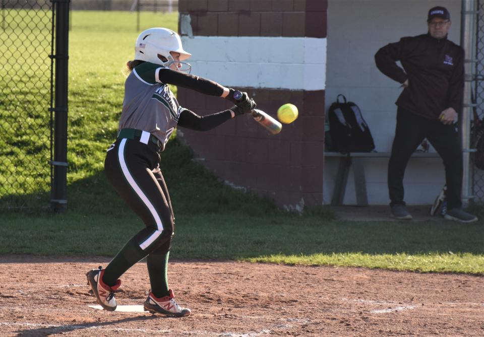 Lily Mazur slaps a hit for Westmoreland during Monday's game at Frankfort-Schuyler.