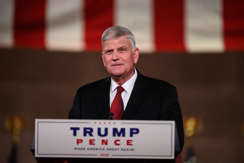 Evangelist Franklin Graham addresses the Republican National Convention in a pre-recorded speech at the Andrew W. Mellon Auditorium, in Washington, DC, on August 27, 2020.AFP via Getty Images
