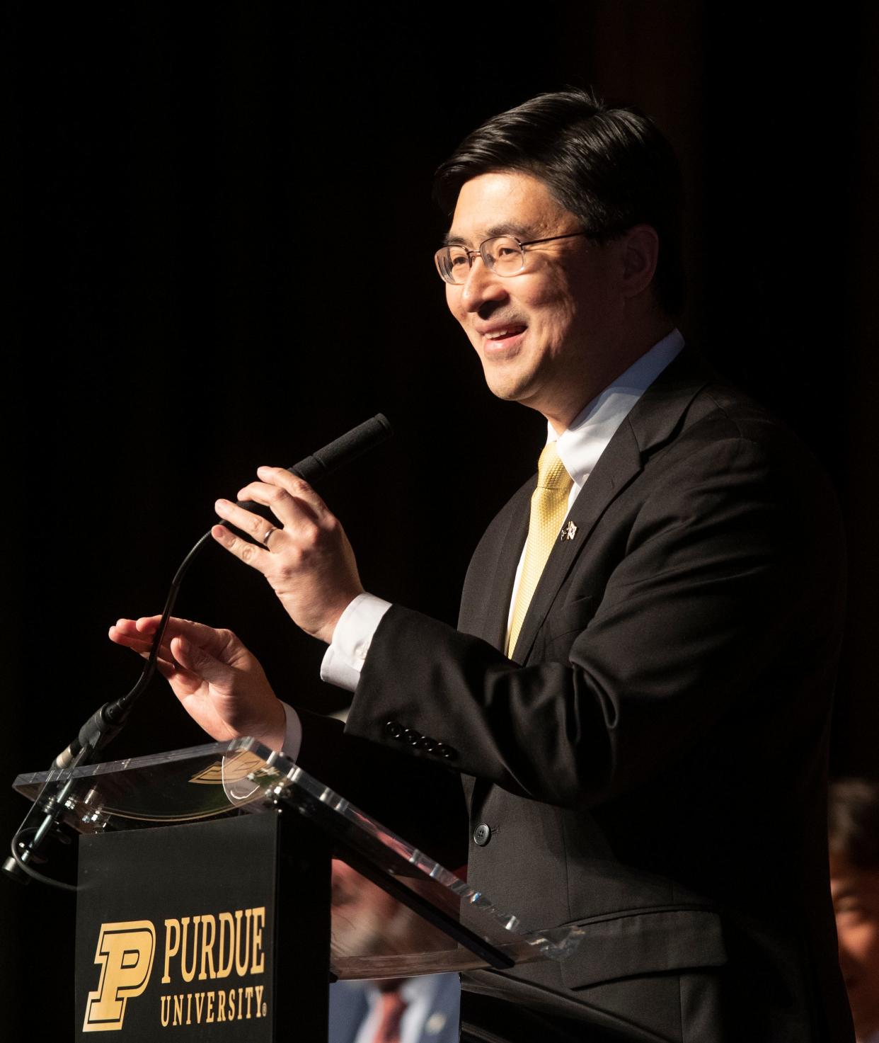 Purdue University President Mung Chaing speaks during the announcement of the partnership between Purdue University and SK hynix, Wednesday, April 3, 2024, at Purdue Memorial Union in West Lafayette, Ind.