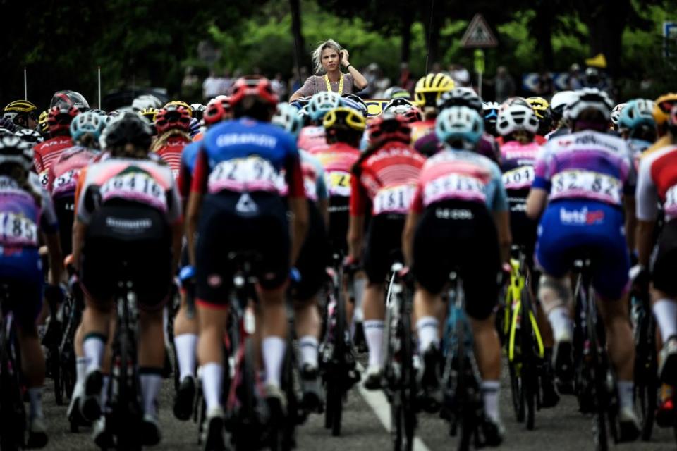 The peloton racing at the Tour de France Femmes