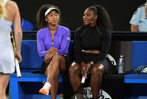 Naomi Osaka (left) and Serena Williams share a lighter moment in Melbourne Wednesday during the Rally for Relief event in support of the victims of the Australian bushfires