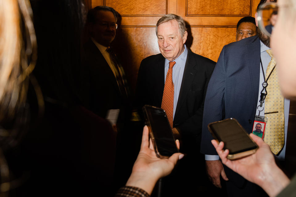 Senator Dick Durbin D-Ill., center, at the Capitol on May 4, 2023. (Kent Nishimura / Los Angeles Times via Getty Images file)