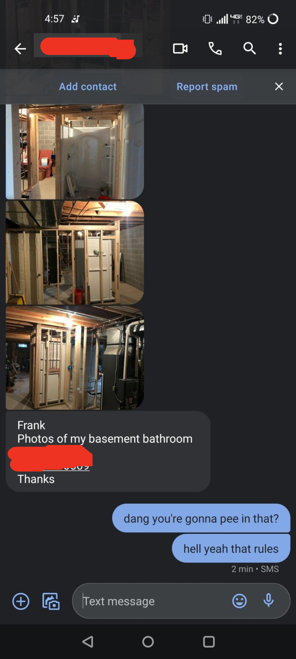 Person texts photos of their sort of scary, complicated basement bathroom being built