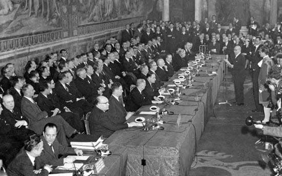 The signing of the Treaty of Rome on March 25, 1957, creating the European Economic Community, forerunner of today's European Union.  - AP