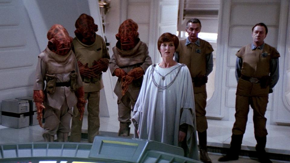 Mon Mothma in her first appearance, briefing the Rebel Fleet on Endor in Return of the Jedi.