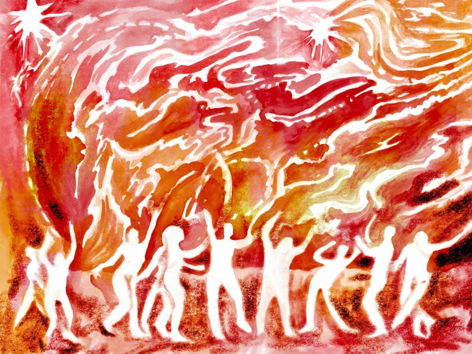 A fiery orange and red scene is covered with bright tendrils of light swishing in and out the frame, with some exploding into spiky bulbs of light. Beneath the fiery cosmic scene, white silhouettes of dancing bodies swivel around, prancing in mud.