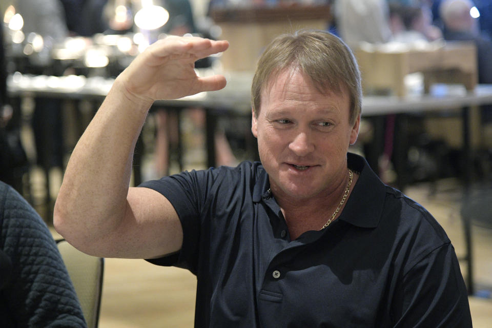 Oakland Raiders head football coach Jon Gruden answers a question from a reporter at the coaches breakfast during the NFL owners meetings, Tuesday, March 27, 2018 in Orlando, Fla. (PAP Images for NFL)