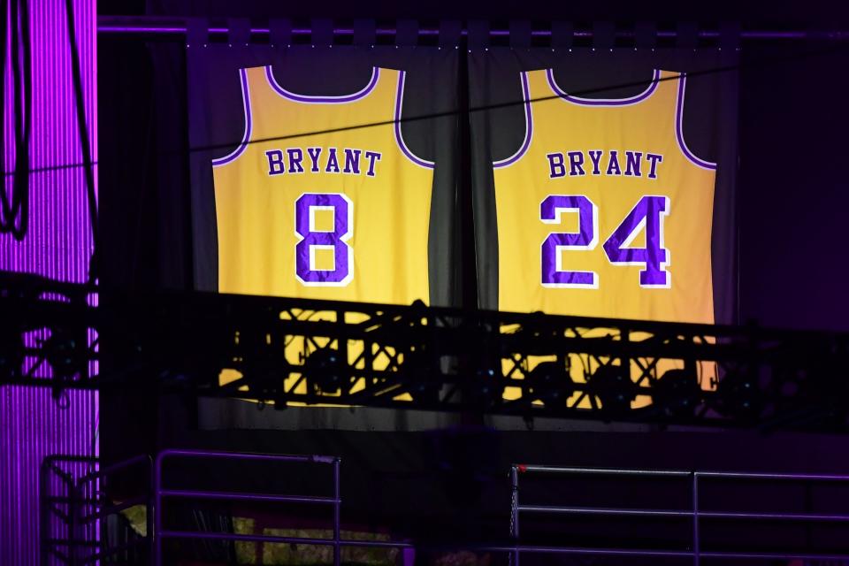 Kobe Bryant's Lakers jerseys are displayed during the "Celebration of Life for Kobe and Gianna Bryant" service at Staples Center in Downtown Los Angeles on February 24, 2020.