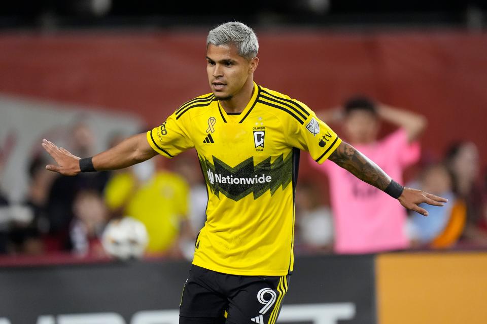 Sep 18, 2024; Toronto, Ontario, CAN; Columbus Crew forward Cucho Hernandez (9) reacts after scoring against Toronto FC during the second half at BMO Field. Mandatory Credit: John E. Sokolowski-Imagn Images