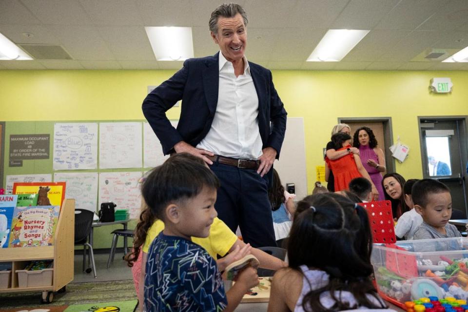 Gov. Gavin Newsom interacts with transitional kindergarten students at Miwok Village Elementary School in Elk Grove on Monday during an event to highlight the state’s plans to increase culturally competent instruction, nutrition initiatives, health care, counseling and before-and after-school programs.