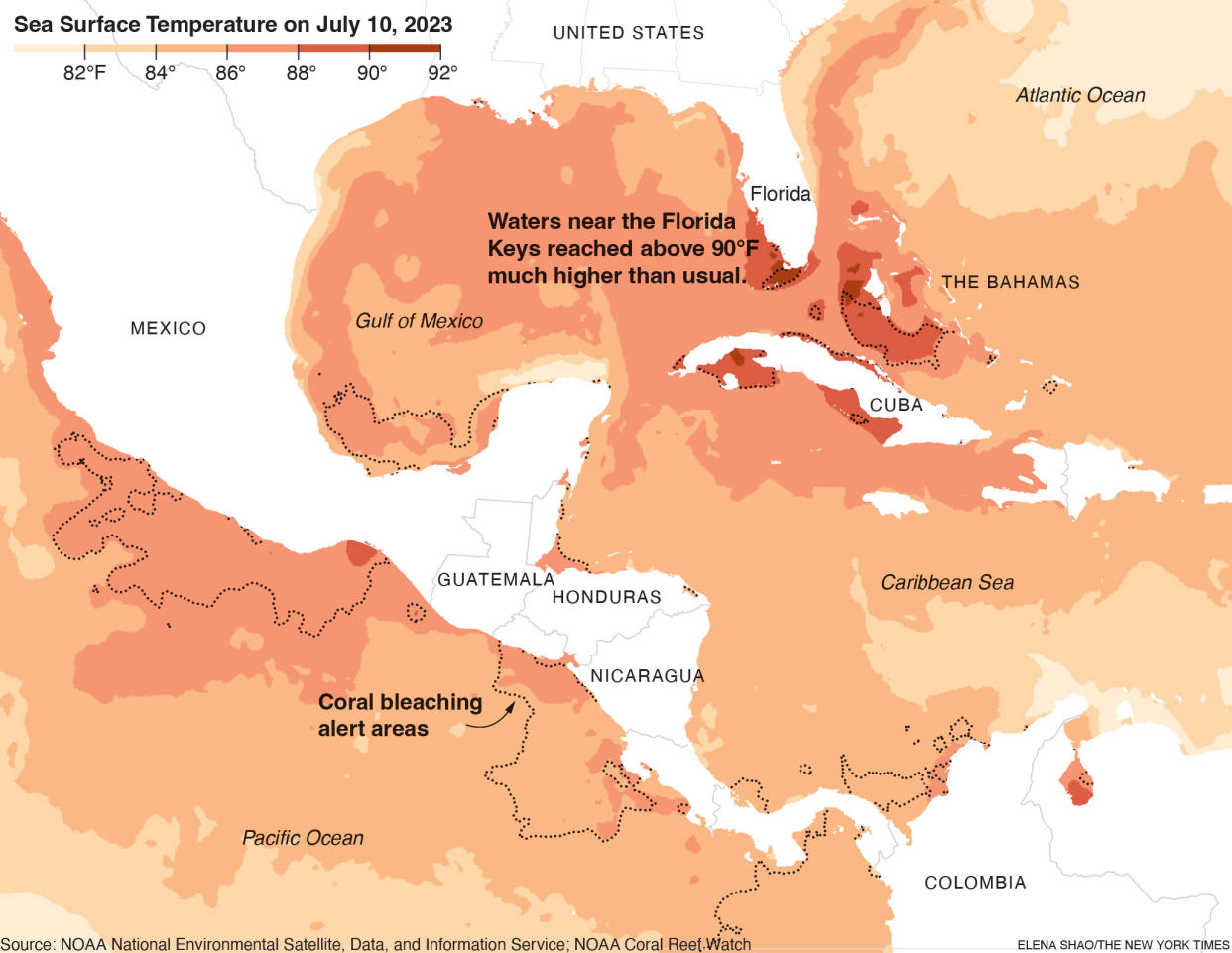 Los arrecifes de coral de Florida están enfrentando la que podría ser una amenaza sin precedentes debido a una ola de calor marino. El mapa muestra las temperaturas de la superficie del mar hasta el 10 de julio de 2023.