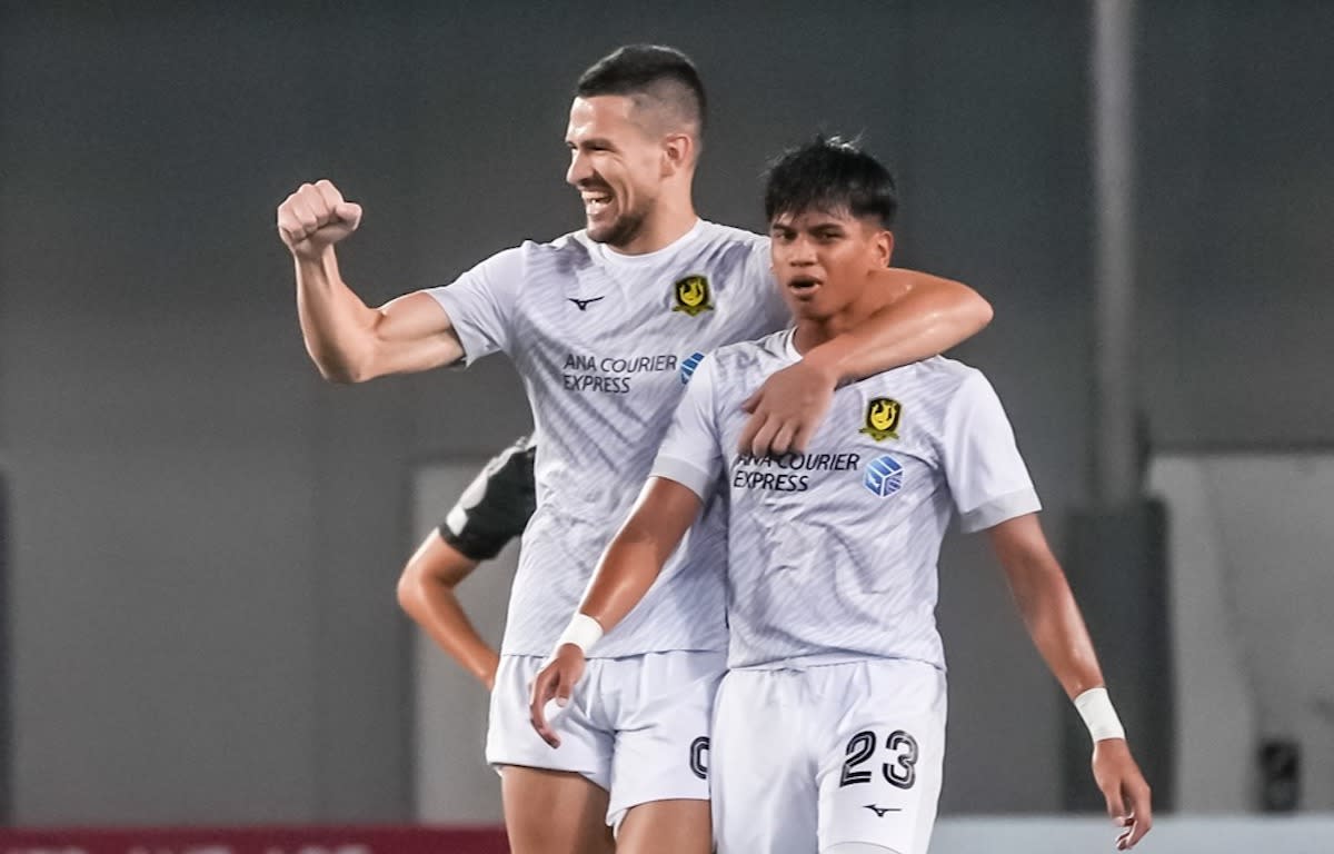 Tampines Rovers' Boris Kopitovic (left) and Irfan Najeeb celebrate during their 8-1 win over Balestier Khalsa in the first leg of the Singapore Cup semi-finals. (PHOTO: SPL)