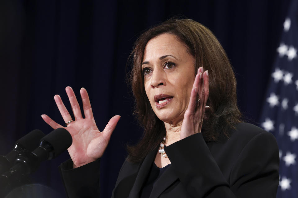 U.S. Vice President Kamala Harris holds a news conference before departing Vietnam for the United States following her first official visit to Asia, in Hanoi, Vietnam, August 26, 2021. (Evelyn Hockstein/Pool Photo via AP)