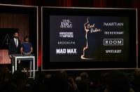 A screen showing the Oscar nominees for Best Picture as announced by actor John Krasinski and Academy President Cheryl Boone Isaacs in Beverly Hills, California on January 14, 2016