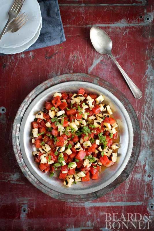 <p>Beard and Bonnet</p><p>This beautiful salad is inspired by Mediterranean cuisine! </p><p><strong>Get the recipe: <a href="http://beardandbonnet.com/grilled-watermelon-halloumi-salad/" rel="nofollow noopener" target="_blank" data-ylk="slk:Grilled Watermelon and Halloumi Salad;elm:context_link;itc:0;sec:content-canvas" class="link ">Grilled Watermelon and Halloumi Salad</a></strong></p>