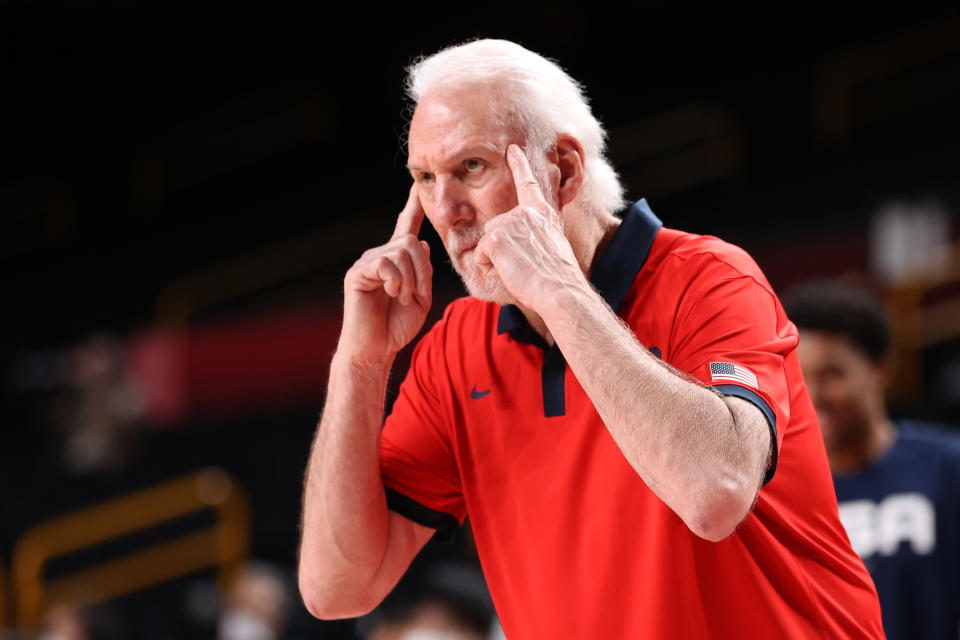 <p>SAITAMA, JAPAN - JULY 31: Team United States Head Coach Gregg Popovich signals to his team from the bench during the second half of their Men's Basketball Preliminary Round Group A game against Czech Republic on day eight of the Tokyo 2020 Olympic Games at Saitama Super Arena on July 31, 2021 in Saitama, Japan. (Photo by Gregory Shamus/Getty Images)</p> 