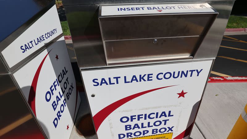 Ballot drop boxes at the Salt Lake County Government Center in Salt Lake City on Tuesday, Sept. 5, 2023.