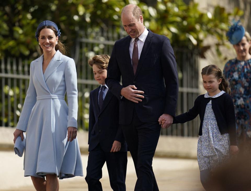 <p>Will and Kate share a smile as they walk to Easter Sunday services with their two older kids, <a href="https://www.townandcountrymag.com/society/tradition/g39744354/royal-family-prince-george-princess-charlotte-easter-2022-photos/" rel="nofollow noopener" target="_blank" data-ylk="slk:Prince George and Princess Charlotte;elm:context_link;itc:0;sec:content-canvas" class="link ">Prince George and Princess Charlotte</a>.</p>