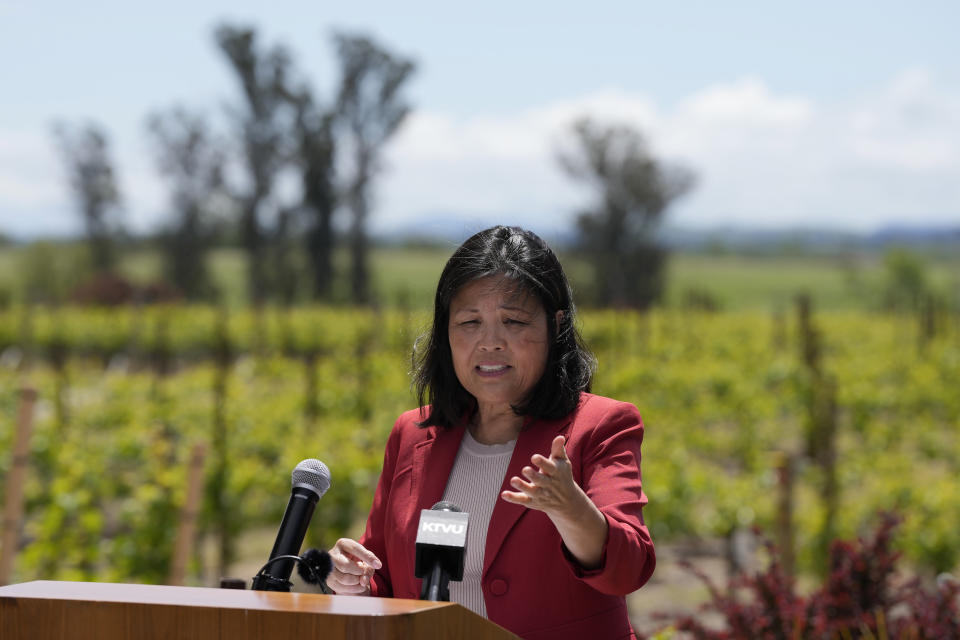 Acting United States Secretary of Labor Julie Su speaks at a news conference at Balletto Vineyards in Santa Rosa, Calif., Friday, April 26, 2024. Temporary farmworkers workers are getting more legal protections against employer retaliation, unsafe working conditions, illegal recruitment and other abuses. The rule announced Friday by the Biden administration aims to bolster support workers on H-2A visas. (AP Photo/Jeff Chiu)