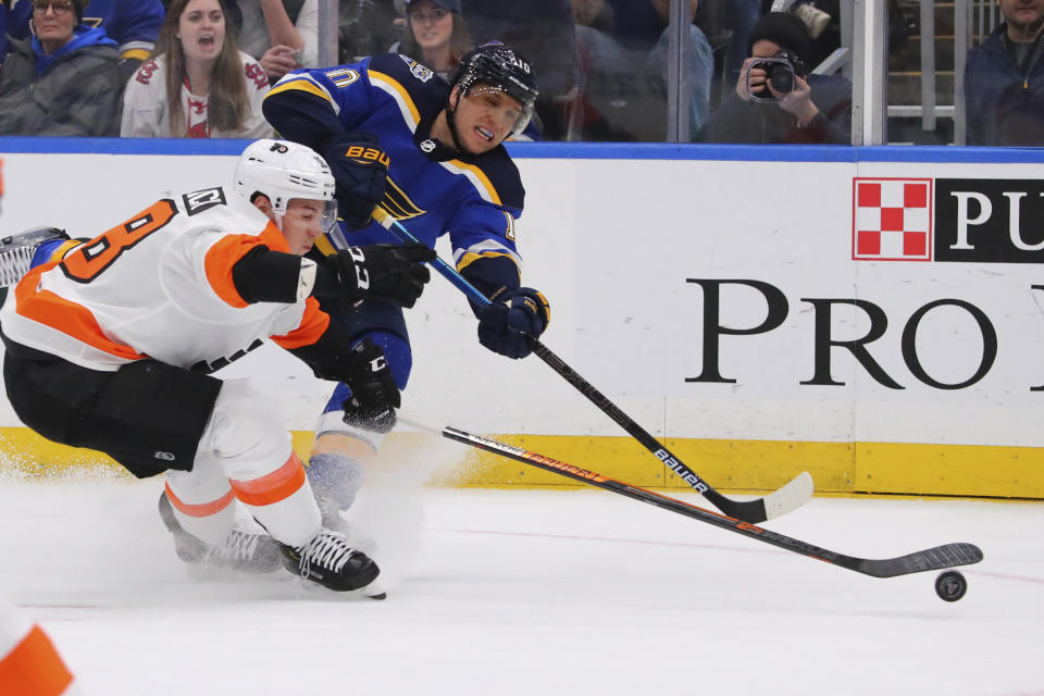 St. Louis Blues center Brayden Schenn (10) shoots the puck against Philadelphia Flyers center Tyler Pitlick (18) during the second period of an NHL hockey game Wednesday, Jan. 15, 2020 in St. Louis. (AP Photo/Dilip Vishwanat)