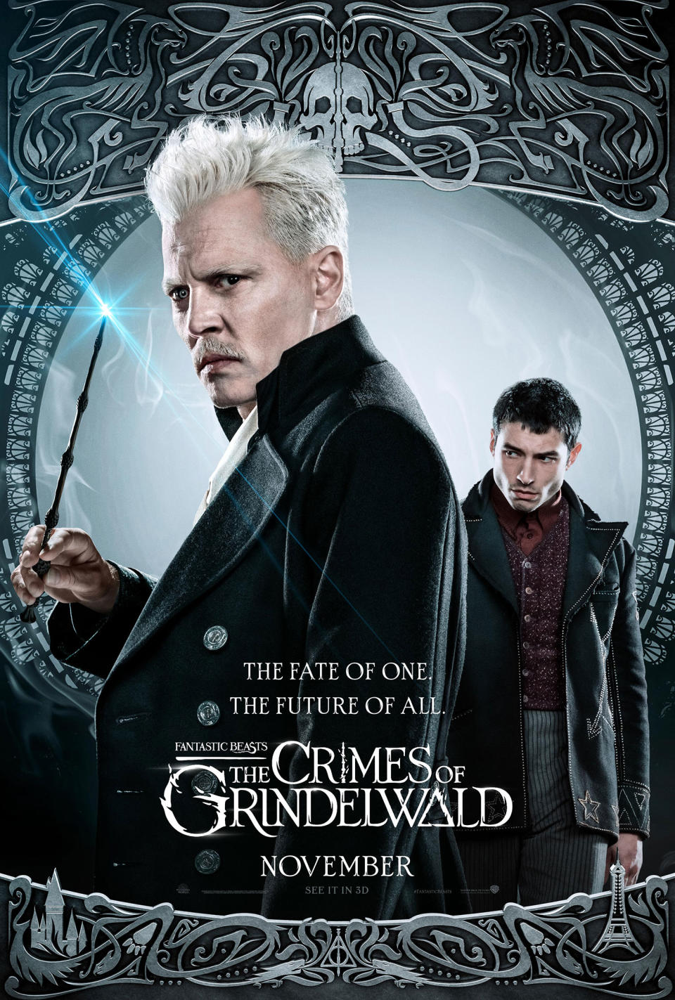Johnny Depp and Ezra Miller on their own <i>Fantastic Beasts: The Crimes of Grindelwald</i> character poster. (Warner Bros.)