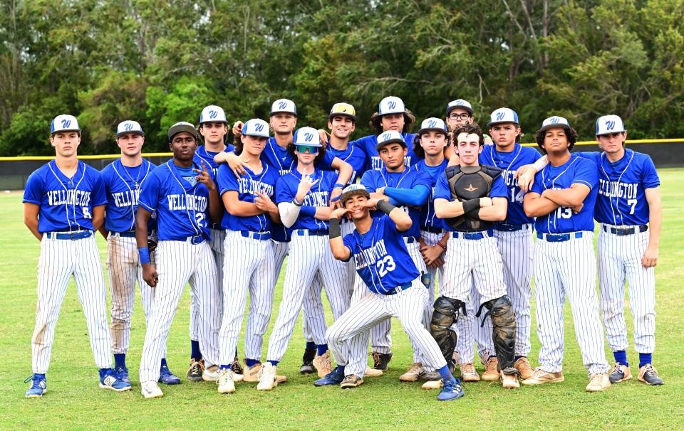 The Wellington baseball program poses for a group shot following a victory over Palm Beach Central on April 3, 2024.