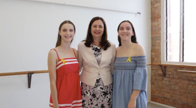 Sarah Baden-Clay (right) and her sister Hannah (left) made their first public appearance alongside Premier Annastacia Palaszczuk Source: Twitter/ Annastacia Palaszczuk