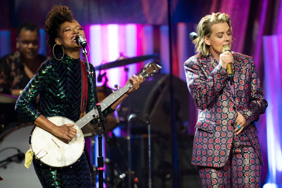 Allison Russell and Brandi Carlile perform "You're Not Alone" during the Americana Music Honors and Awards show at the Ryman Auditorium Wednesday, Sept. 14, 2022, in Nashville, Tenn. 