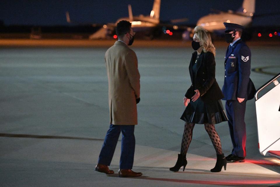 First lady Jill Biden arrives at Andrews Air Force Base, Md., on April 1, 2021, returning from a West Coast trip. Her outfit evoked approving and disapproving commentary on her sense of fashion.