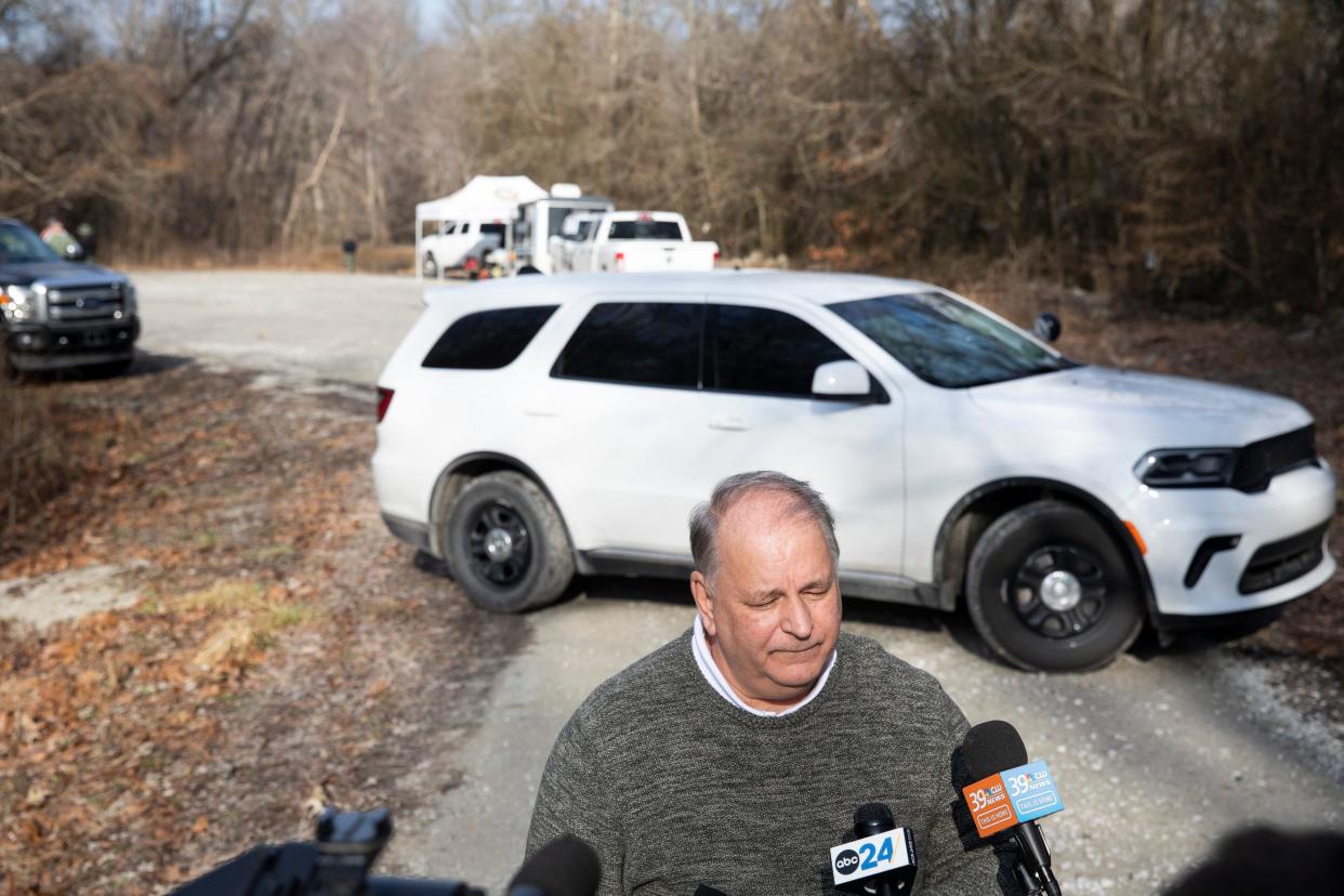 Haywood County Sheriff Billy Garrett Jr. speaks to the media about the ongoing search for Kevin Watson while standing in front of where deputies from Haywood County and the Shelby County Sheriff’s Offices are searching near the Hatchie River Boat Ramp in an area of the river known as “The Big Eddy” on Tuesday, January 17, 2023, outside Hillville, Tenn. Watson is being sought in connection with his former wife Britney Watson’s disappearance. Garrett said their investigation now leads them to believe she is deceased.