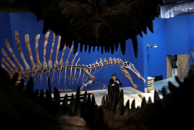 FILE PHOTO: Manabe, a researcher at the National Museum of Nature and Science, speaks to reporters in front of a Spinosaurus's skeleton replica during a preparation and media preview for the Dinosaur EXPO in Tokyo