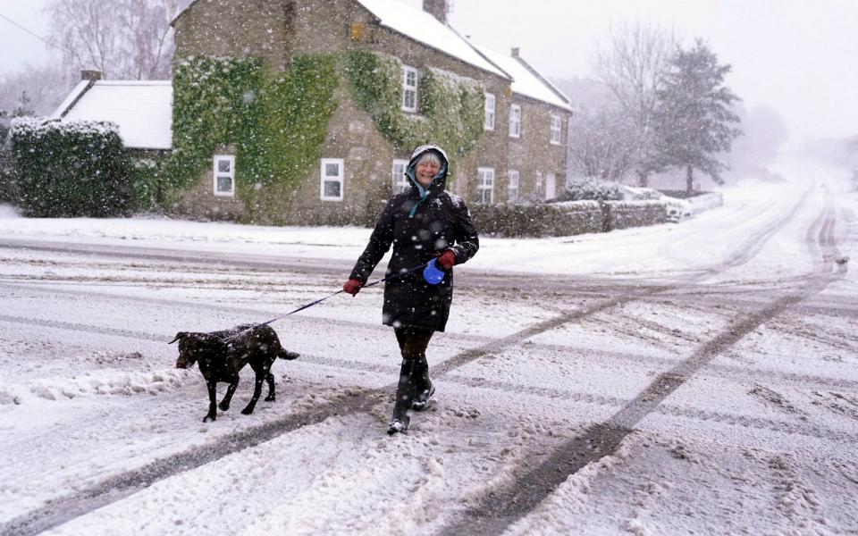 A woman walks her dog through heavy snow in Slaley, Northumberland. Parts of the UK could be blanketed with up to 20cm of snow in the next couple of days, while a band of heavy rain could also trigger flooding, forecasters have said - Owen Humphreys/PA