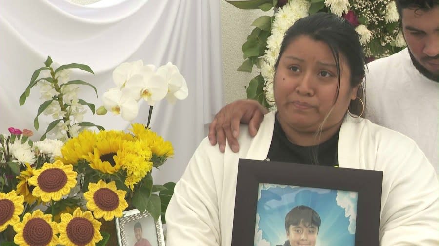 Claudia Gramajo mourns the death of her son, Derrick Serrano, on May 4, 2024. He was struck and killed by a driver in South Los Angeles. (KTLA)