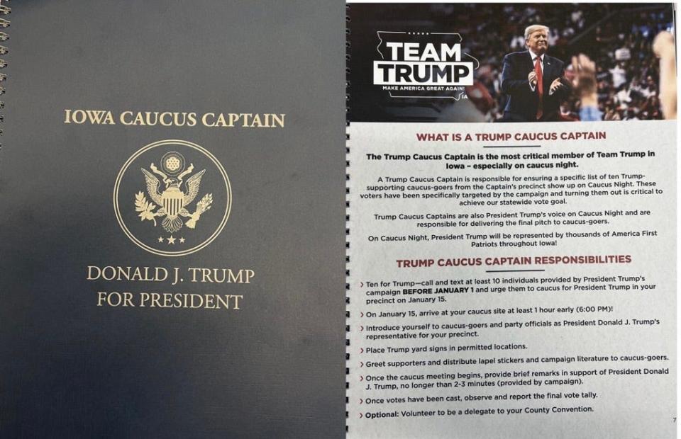 Left: The handbook provided to "caucus captains" volunteering with Donald Trump's 2024 campaign in Iowa. Right: The handbook outlines the role and responsibilities of a captain ahead of and on caucus night.